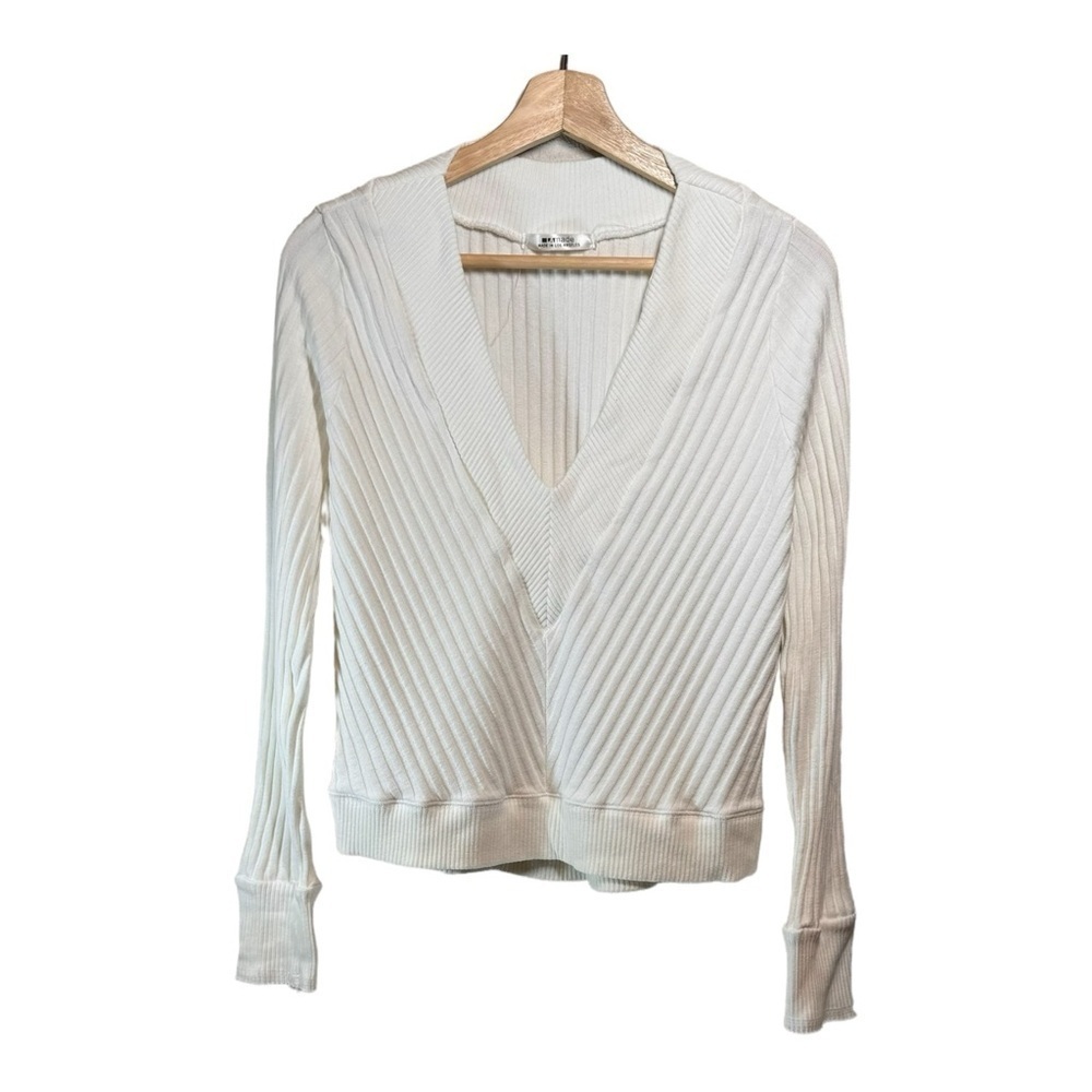 LA Made Deep V Ribbed Pullover Sweater in White NWOT